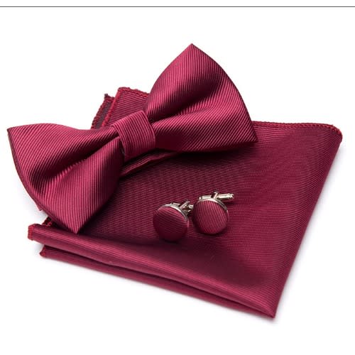 Plain Silky Bowtie With Cufflinks And Pocket Square - Wine