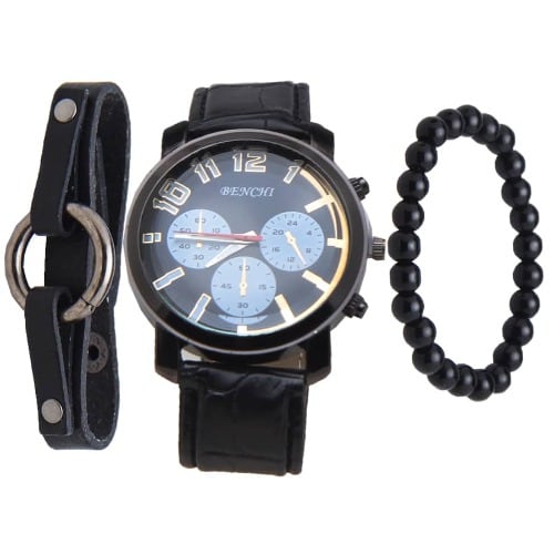 Leather Wrist Watch With Hand Made Bracelet - Black