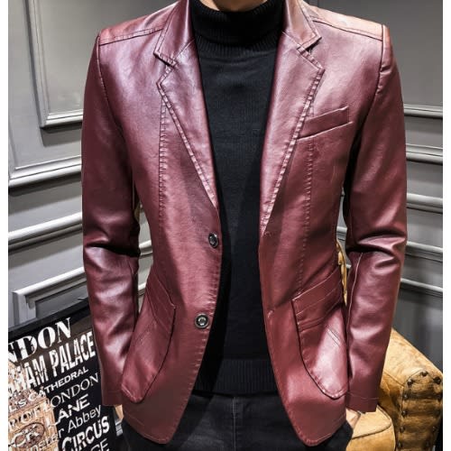 Mens Pu Leather Jacket Blazer - Wine