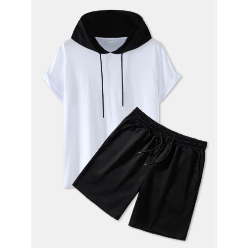Men Plain White & Black Short Sleeve Hoodie & Shorts