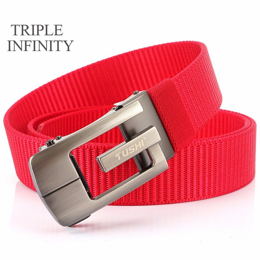 Fashion Nylon Jeans Belt For Men Metal Automatic Buckle Casual Adjustable Durable Cowboy Thick Waistband Sports Accessories-Red Belt B