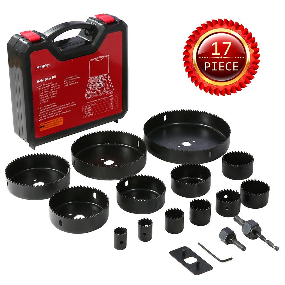Hole Saw Kit, Meterk 17 Pcs Hole Saw Set with 13Pcs Saw Blades, 2 Mandrels, 1 Installation Plate, 1 Hex Key, Max Size 152mm and Min Size 19mm, Ideal for Soft Wood, PVC Board and Plastic Plate Drilling