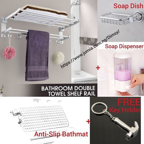 Bathroom Towel Hanger With Multiple Rail Shelf Rack + Anti Slip Fall Accident Bath Foot Mat + Soap Dish Holder + Liquid Soap Dispenser + FREE Key Holder