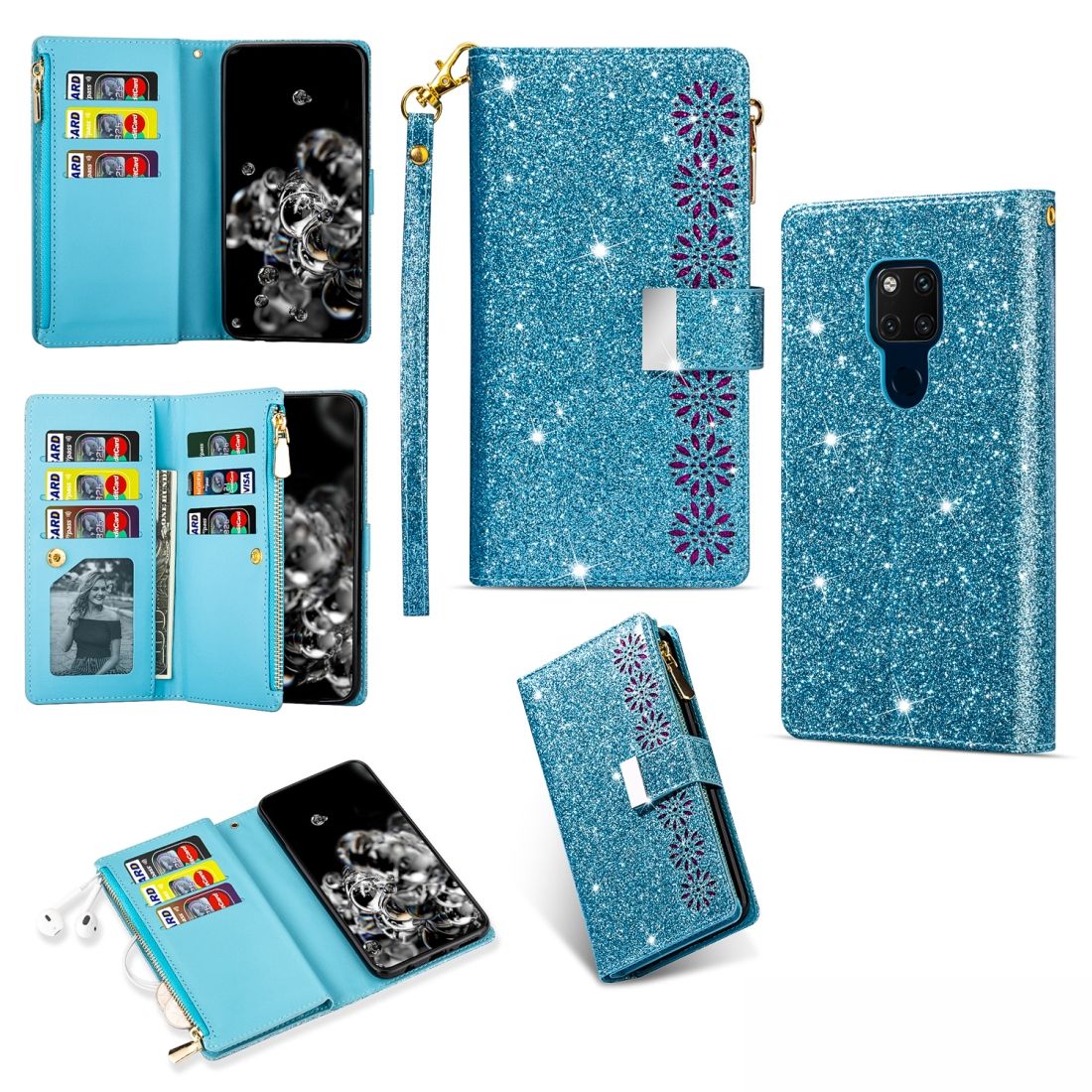 For Huawei Mate 20 Glitter Zipper Leather Case