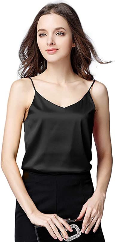Women's Satin Silk Tank Top V-Neck Blouse Camisole Loose Sleeveless Shirt Black