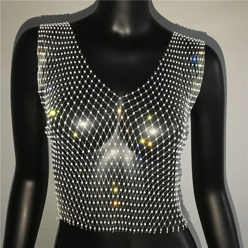 (White V-neck)FestivalQueen  Diamonds Mesh Cropped Tank Top Women Summer Cover Up Bikini See Through Rhinestone Net Party Club Crop Top WAR