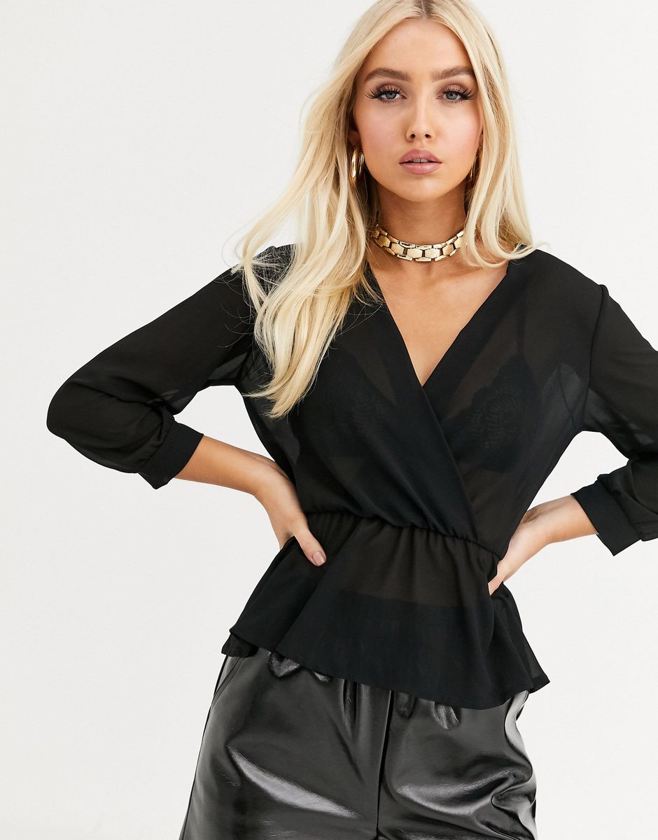 Basic Wrap Peplum Blouse- Black