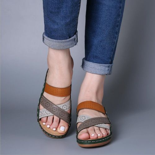 Ladies FashionSandals Wedge Heels Large Size Flat Sandals And Slippers-Smoke Brown