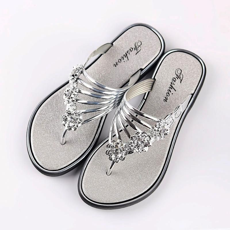 Ladies Slippers Summer Flat Sandals Casual Diamond Flip Flops-Silver