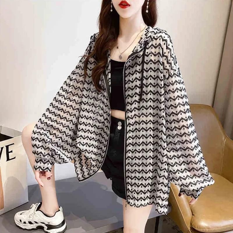 Fashion Women Sun Protection Clothing 2022 New Hooded Ice Silk  Summer Thin Breathable Striped Sunscreen Loose Casual Jacket