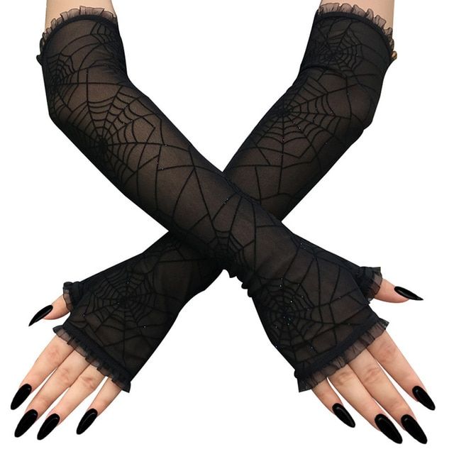 Women Half Finger Gloves New Black Lace Gloves Spider Web P