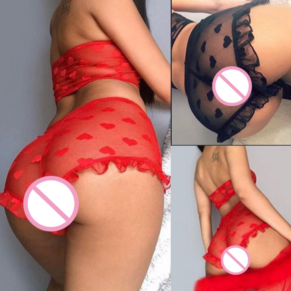 Women Sexy Lace Underwear Set Love Heart Pattern See Through Lingerie-Black