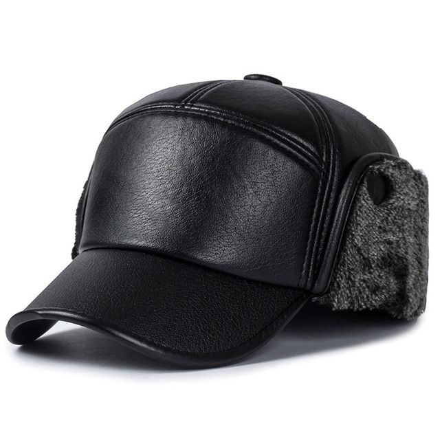 Winter Hat Men Women Russian Black Leather Ushanka Cap With Ear Flaps Fur Warm Leather Baseball Cap(No.#1)