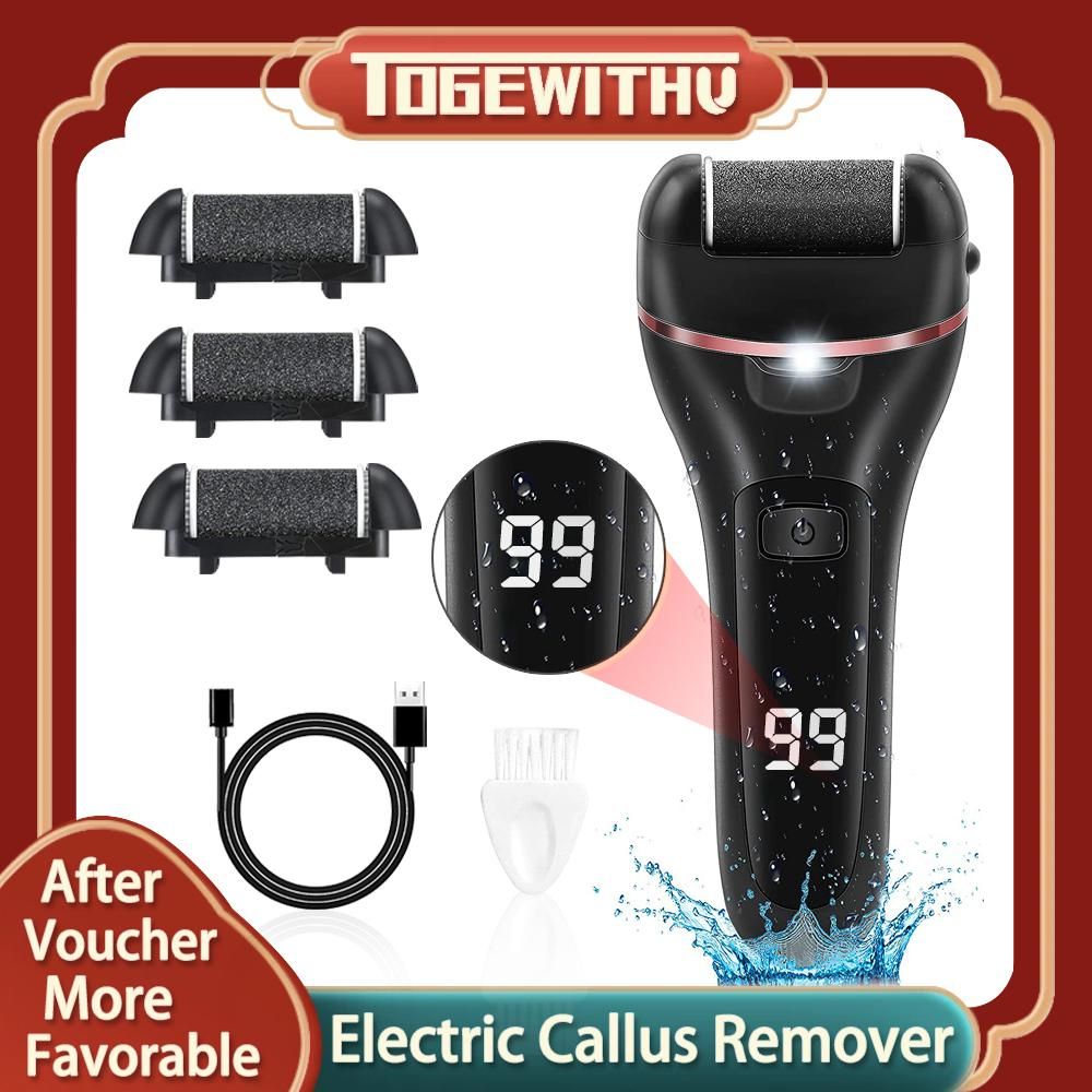 Electric Callus Remover for Feet, Rechargeable Foot Scrubber Foot File Hard Skin Remover Pedicure Tools Set for Feet Waterproof Pedicure kit for Cracked Heels and Dead Skin with LED Light and 3 Roller Heads
