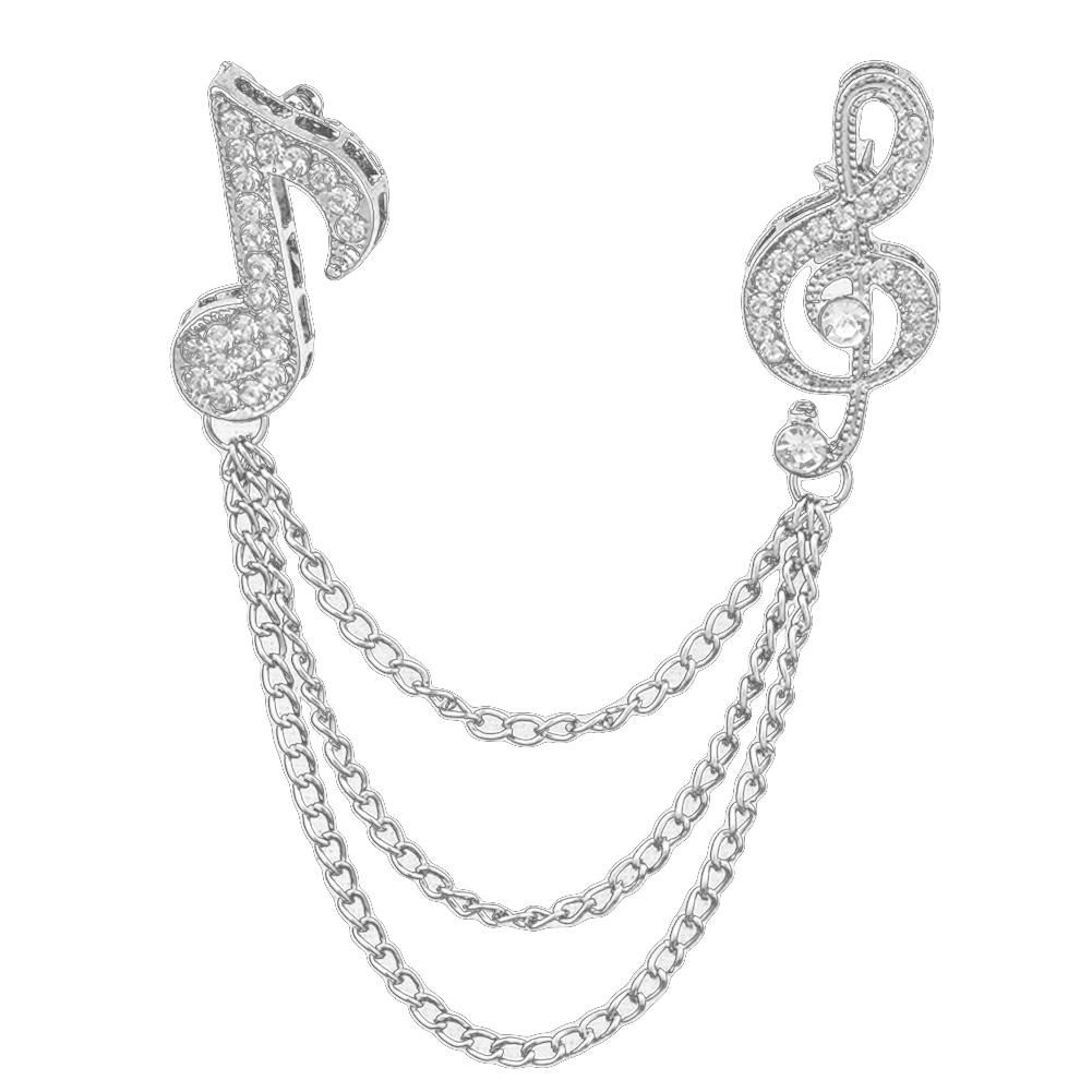 Unisex Rhinestone Musical Note Chain Tassel Brooch-Silver