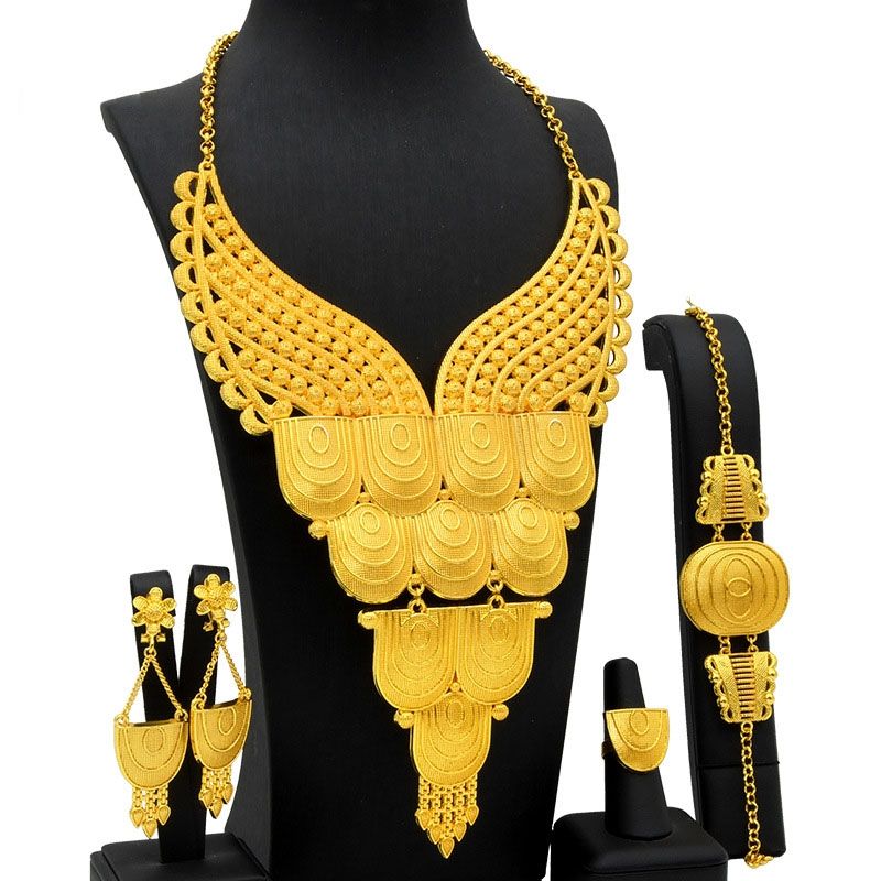 S-376 4 In 1 Gold Plated Bride Necklace Ear Ring Bracelet Suit Ladies Jewelry