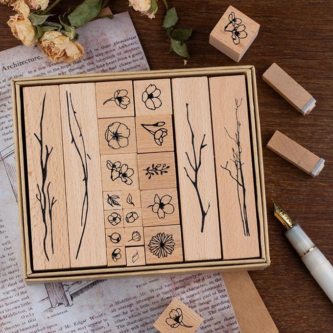 20Pcs Wooden Rubber Stamps Plants Flowers For Scrapbooking Diary