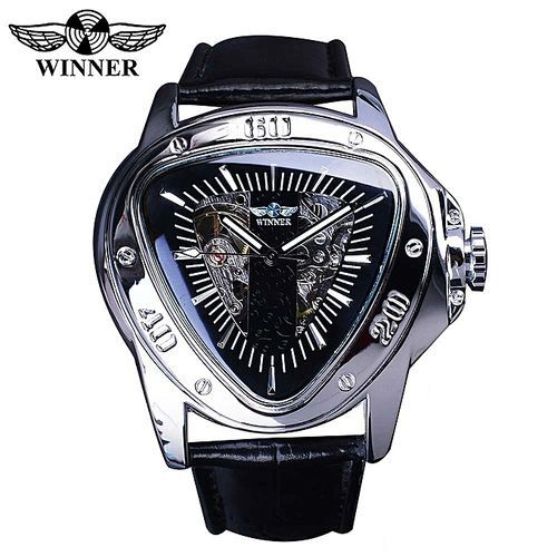 Winner GMT996-1 Creative Racing Design Triangle Design Silver Skeleton Dial Mens Watch Top Brand Luxury Automatic Mechanical Watch Clock