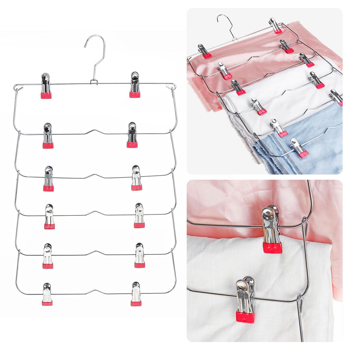 6 Layer Stainless Steel MultiFunctional Wardrobe Magic Clothes Hangers Pant Rack Rose Red