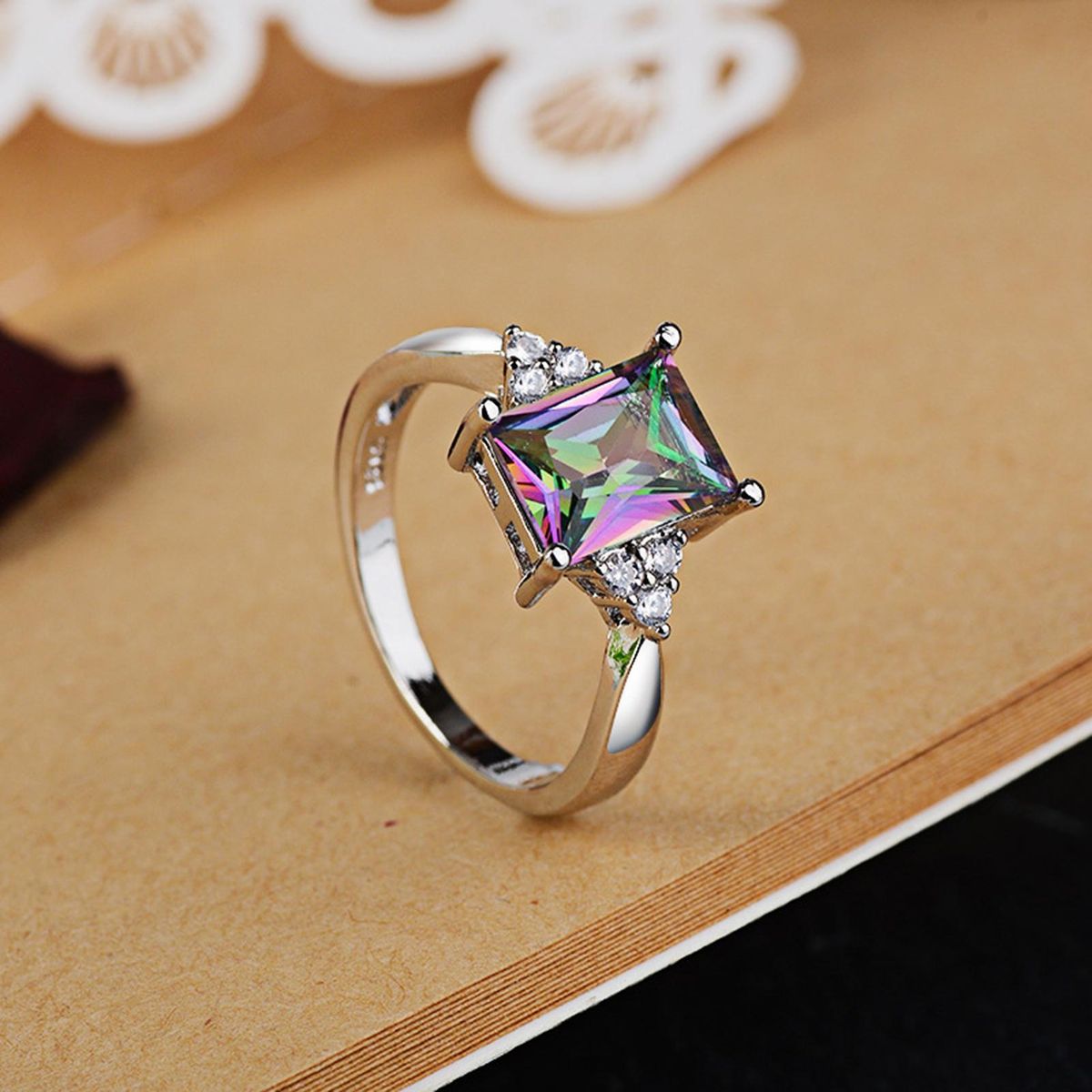 Wedding Ring Geometric Rhinestone Rainbow Promise Ring Multicolor