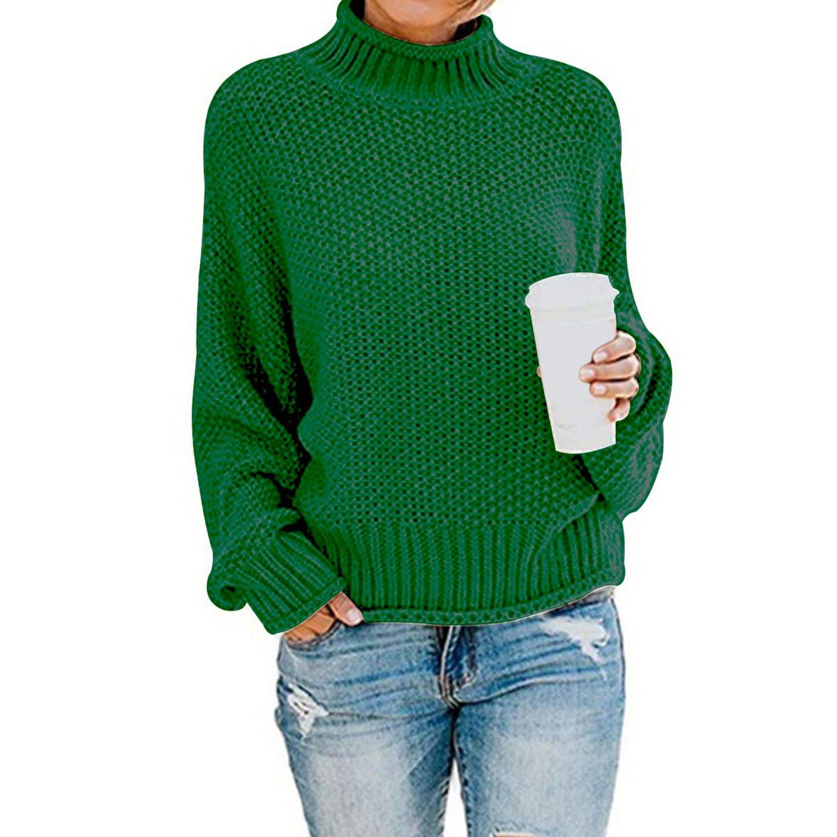 Women's Turtleneck Oversized Sweater Bat Long Sleeve M Dark Green
