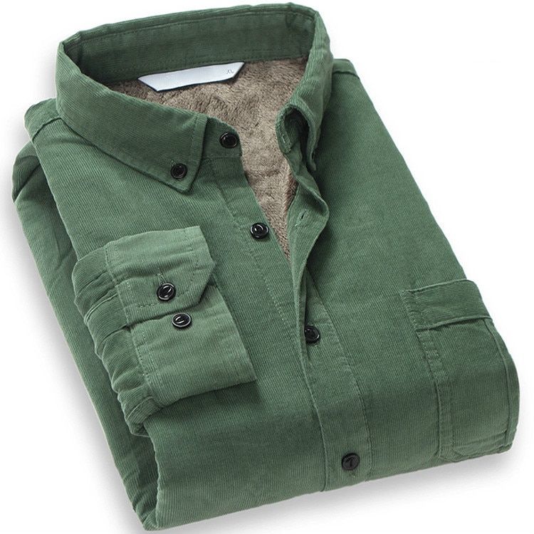 Men's Cotton Corduroy Warm Winter Shirt Thick Fleece Lining Thermal Shirt Long Sleeve Bottoming Shirt Mens Winter Shirts Green 4XL
