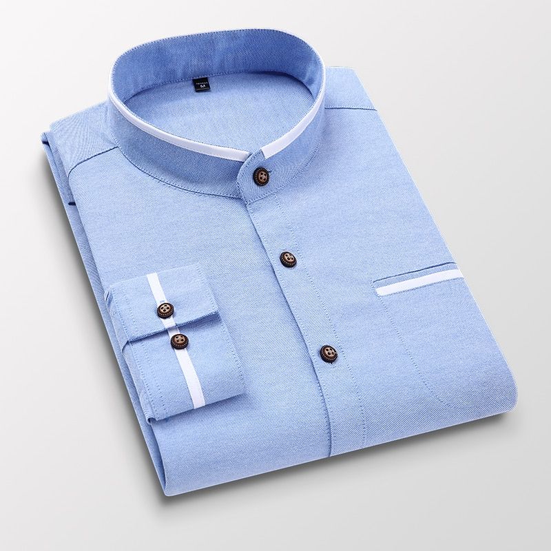 Men's Clothing Long Sleeve Regular-fit Button-down Thick Shirts Casual Solid Oxford Dress Shirt Single Patch Pocket Stand Sky Blue