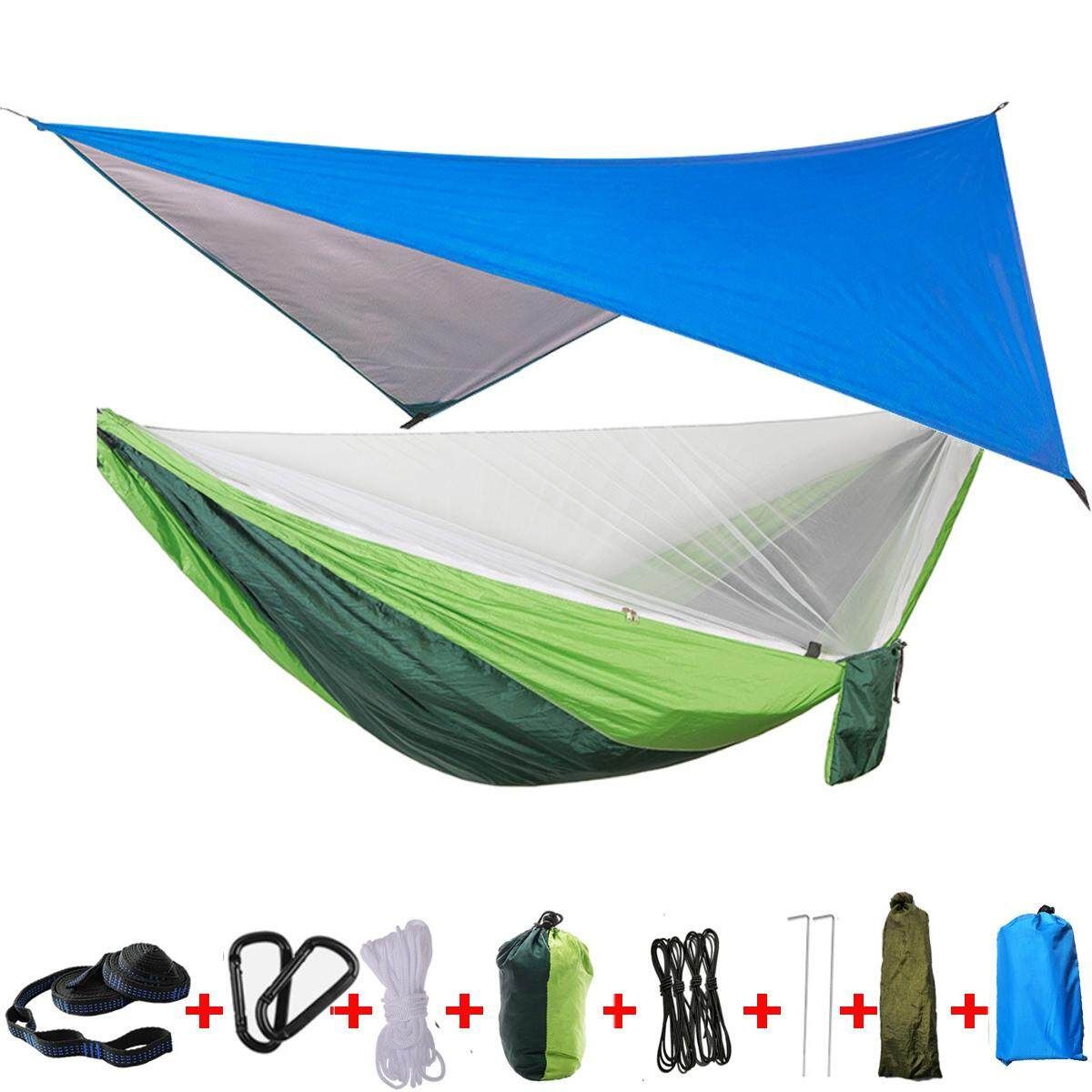 Portable Hammock Canopy Sun Rain Fly Tarp And Camping Hammock With Mosquito Net Green