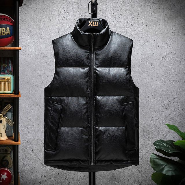 Winter Quilted Down Leather Mens Sleeveless Jackets Mens Puffer Leather Jacket