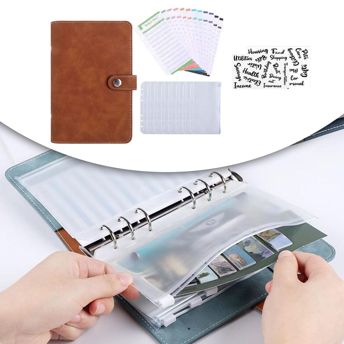 Cash Notebook Planner With 8 Pieces Zipper Binder Brown