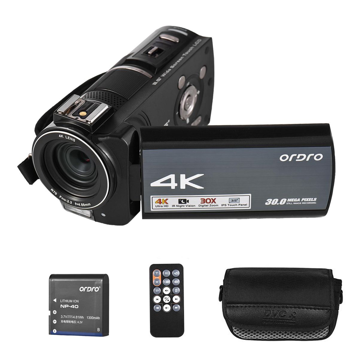 ORDRO HDR-AX10 4K Digital Video Camera WiFi Camcorder DV Recorder 3.5 Inch IPS Touch Panel 30MP 30X Digital Zoom Face Detection IR Night Vision Anti-shake with Remote Control Carry Bag