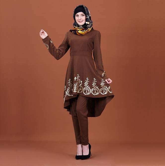 Muslim Women's Tops Print Blouse Shirt Dress Asymmetry Longer Abaya-DARK BROWN