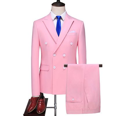 (Pink)2022 Spring And Autumn New Men's Slassic Pure Color Suit Two-Piece Business Casual Double Breasted Large Size High Quality Suit RA
