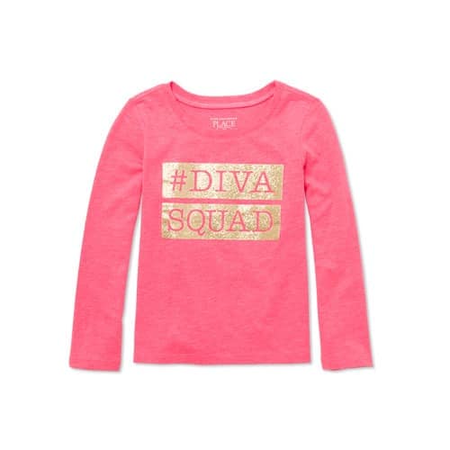 Girls' Long Sleeve Glitter 'hashtag Diva Squad' Top- Coral Neon Berry