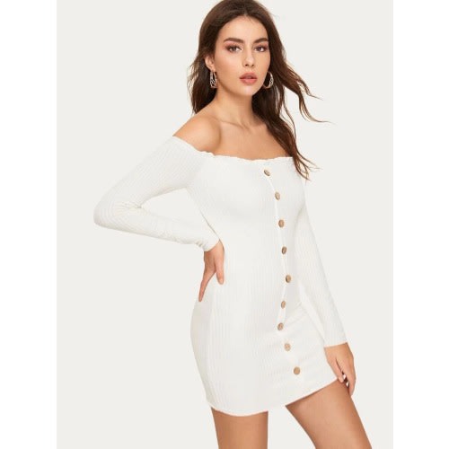 Ladies Off-shoulder Long Sleeve Short Dress - Cream