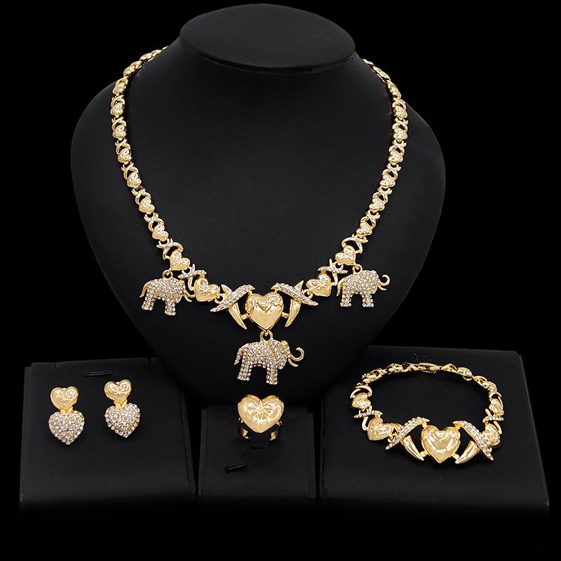 Artificial Gemstone Alloy Heart And Elephant  Jewelry Set Of Fou-Gold