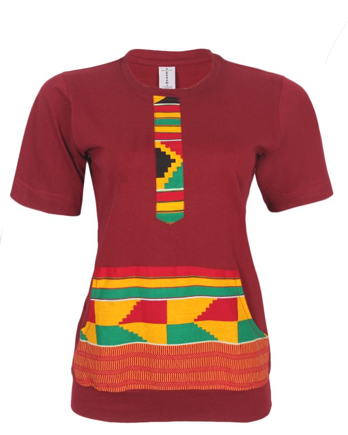 Female Ankara Designed T Shirt With Pocket- Wine