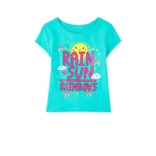 Girls Glitters Sun Rainbows Graphic Top- Aqua Blue