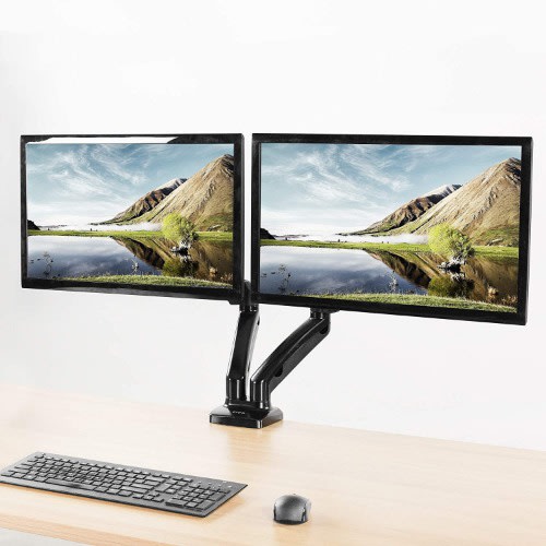 Dual Arm - Monitor Desk Mount - Adjustable Height - Tilt Pneumatic Stand - Black