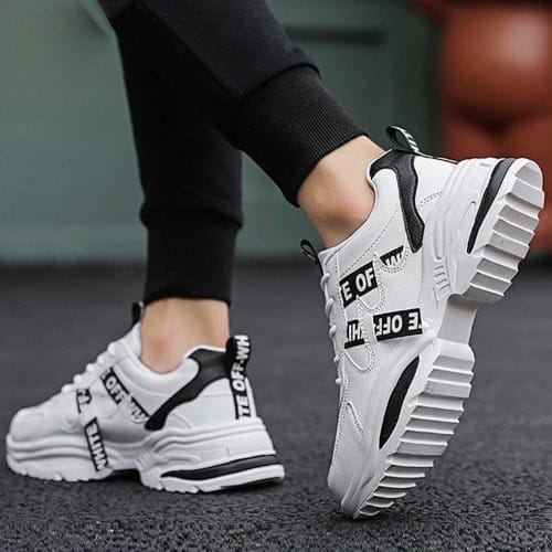 Casual Lace Up Sneakers - White With Black Detail