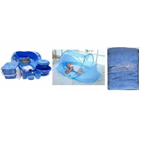 7pcs of Bath Set + Pop Up Baby Bed Net + 3pcs Baby Bath Towel Set - Blue