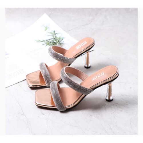 Rhinestone Decor Two Bands 8.5cm Stiletto Heeled  Slippers