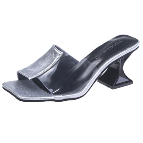 Patent Transparent Leather Heel Slippers-GREY