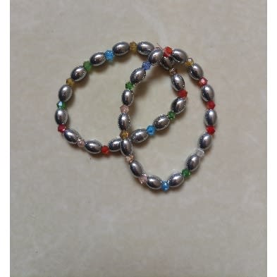 Glossy Stoned Bead Bracelet-2pcs - Silver Rainbow