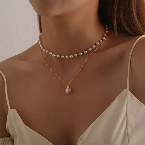 Double Layer Female Pearl Choker With Chain Necklace