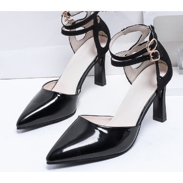 Two Tone Patent Leather Ankle Strap Heel Shoe-Black