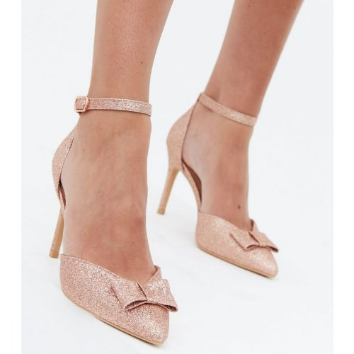 Rose Gold Glitter Bow Court Shoes
