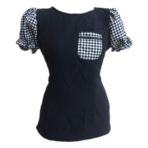 Black Top With Puffy Checkered Plaid Short Sleeve And Pocket - Black And White Top