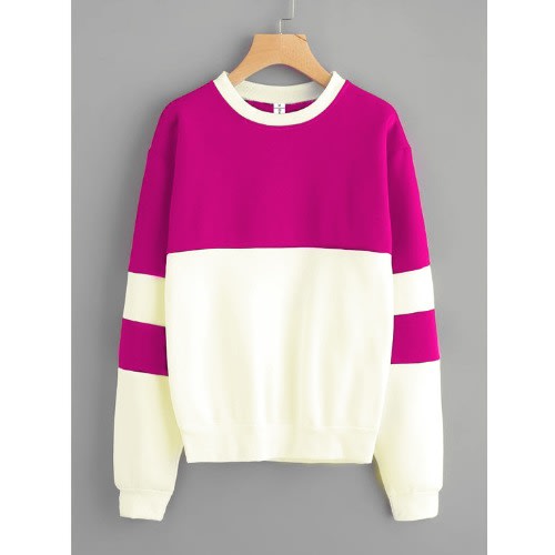 Long Sleeve Contrast Designed Sweatshirt For Women- Cream & Pink