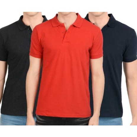 Set Of 3 Short Sleeves Polo Shirts  - Black - Blue  And Red